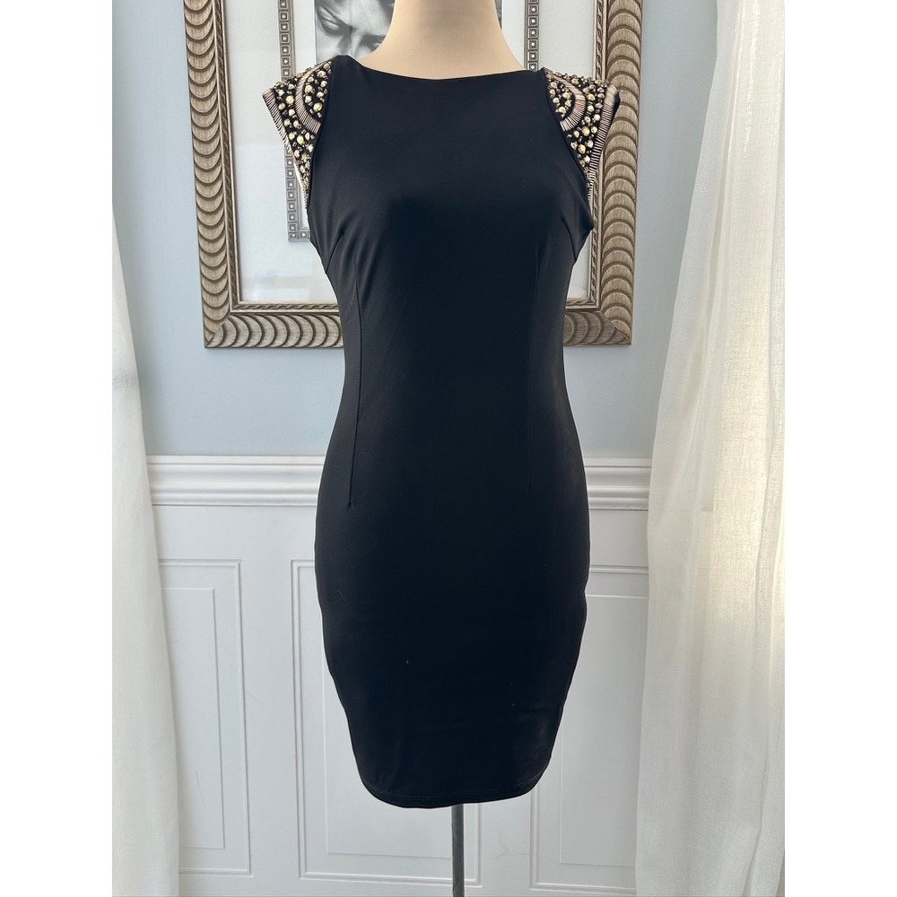 SOKY & SOKA Black Embellished Shoulder Bodycon‎ Cocktail Dress Size S